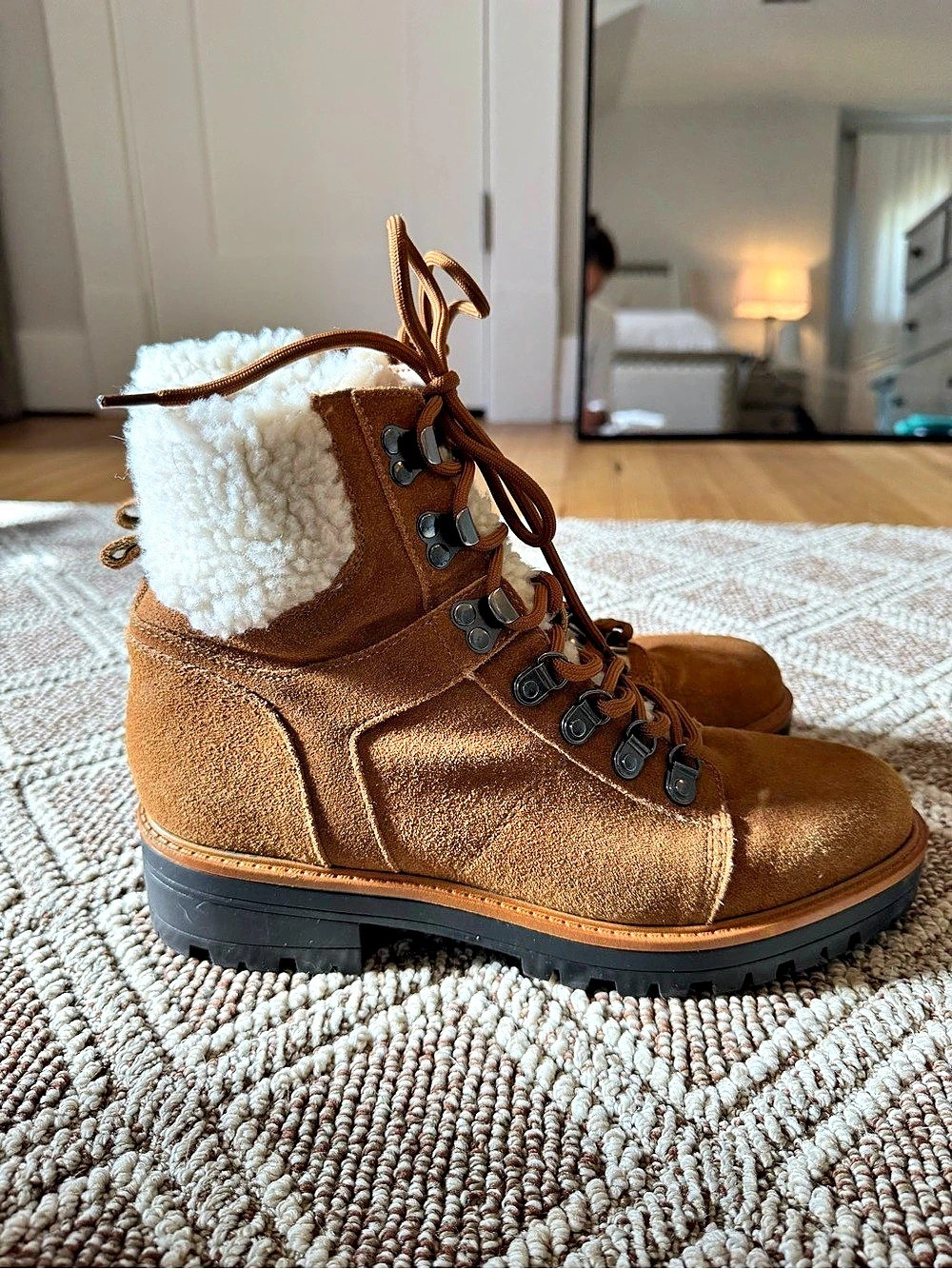 Marc Fisher Shearling-Lined Lace-Up Boots in Brown Like New but missing lacehook